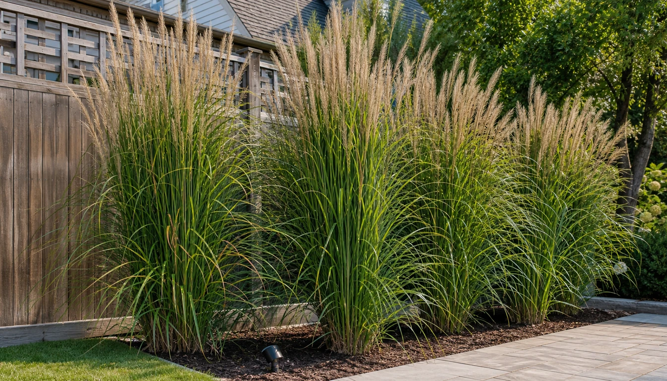 tall ornamental grasses forming a privacy screen beside a fence and patio