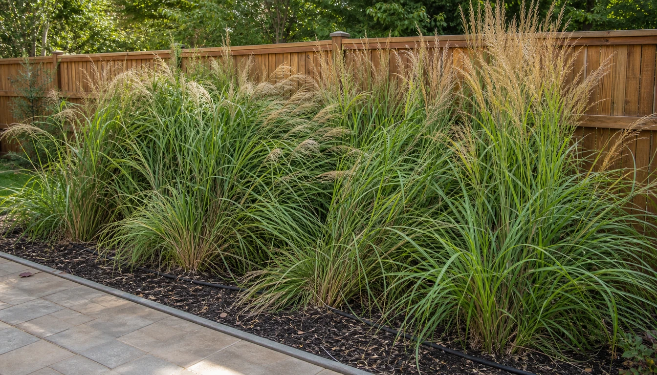 overcrowded ornamental grasses leaning together in a narrow privacy screen planting