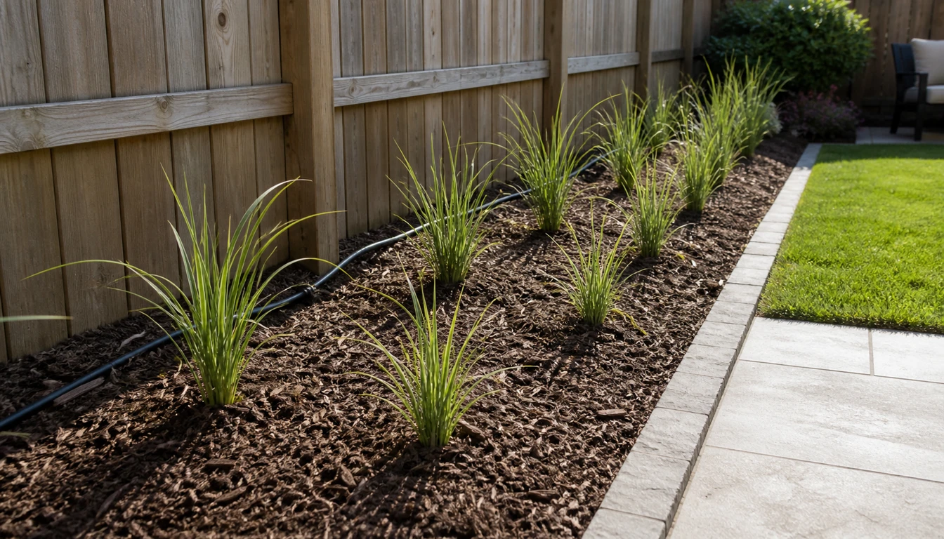 young ornamental grass clumps spaced in a staggered privacy screen planting beside a fence