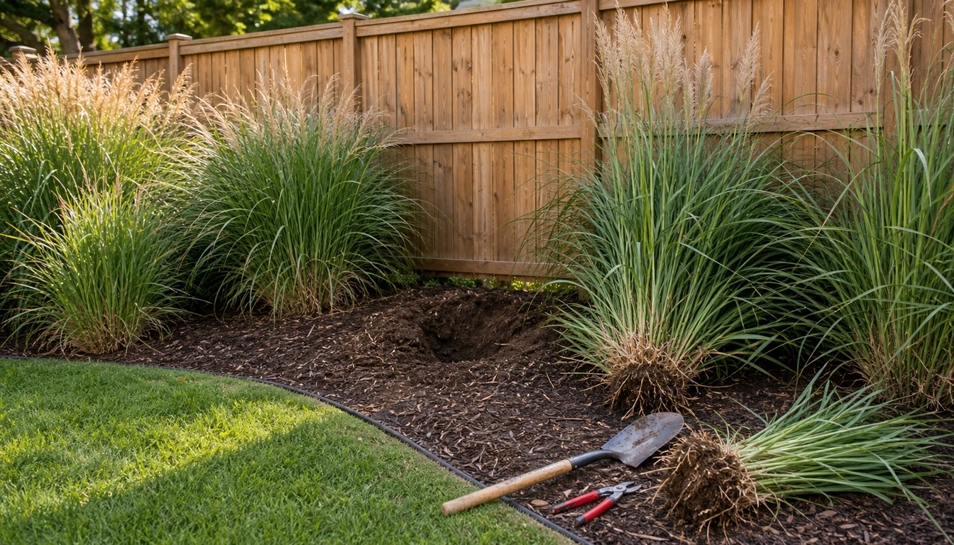 ornamental grass privacy screen with a divided clump and open soil gap for replanting
