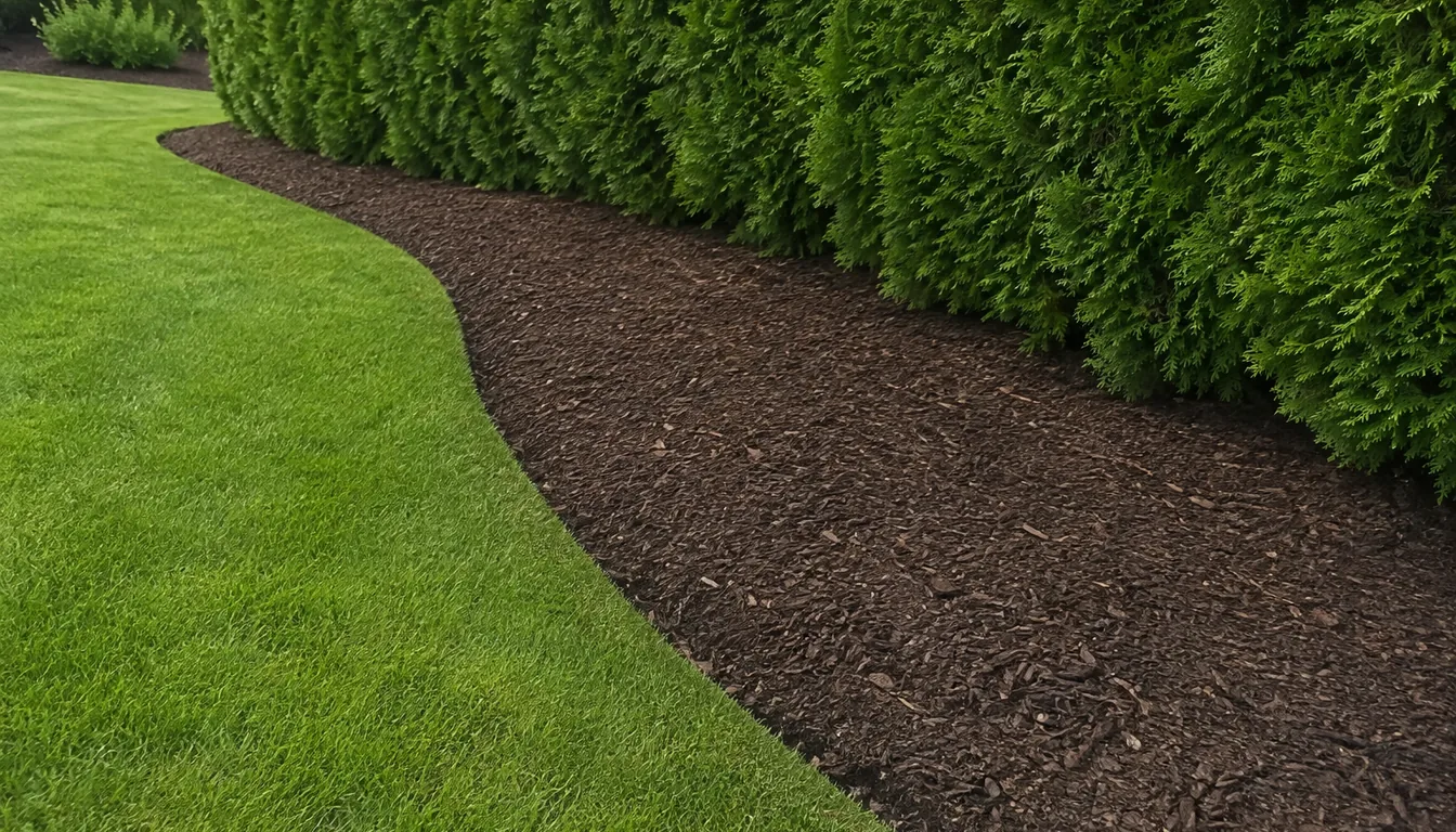 Mulched bed sweeping out from a hedge base with a clean cut edge and healthy lawn beginning where the bed ends