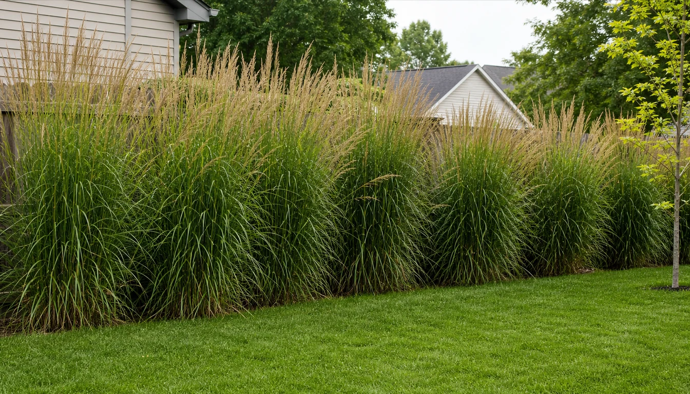 Tall ornamental grass clumps forming a privacy screen along a property line