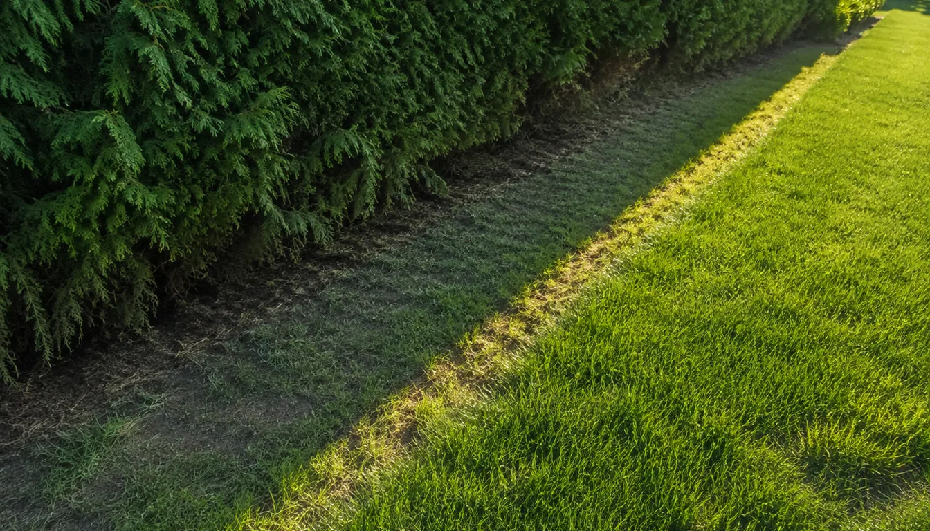 Back lawn meeting a tall evergreen boundary hedge, with thin pale turf in the hedge's shadow and dense green lawn out in the sun
