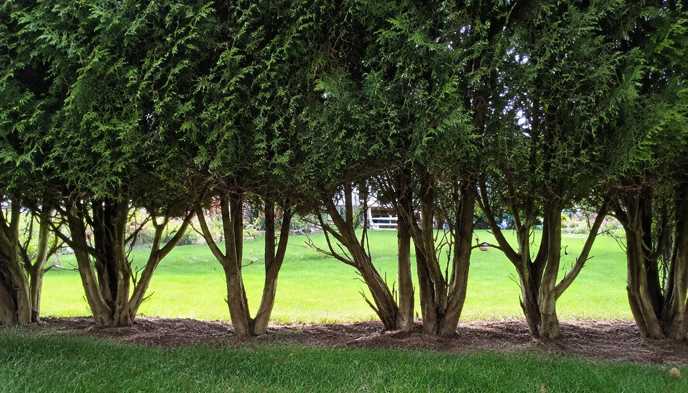 Evergreen hedge with its lower branches pruned away, leaving bare stems and a clear view through the base into the yard beyond