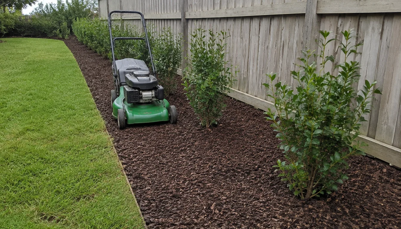 Young evergreen screen with a mulched strip between the stems and the lawn edge and a walk-behind mower standing in the gap