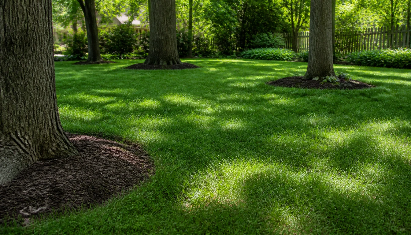 shade tolerant turfgrass growing under mature trees in dappled light