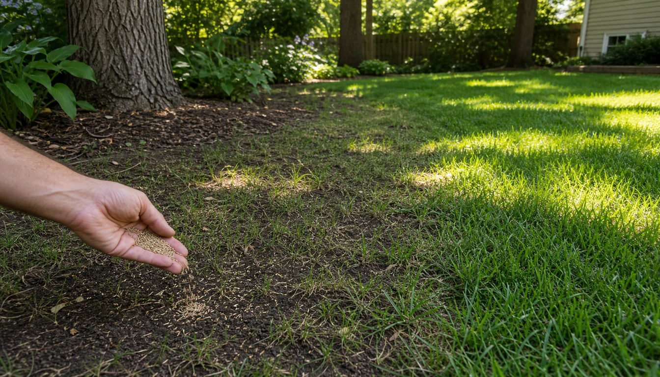 grass seed being applied to a thin shaded lawn area under trees