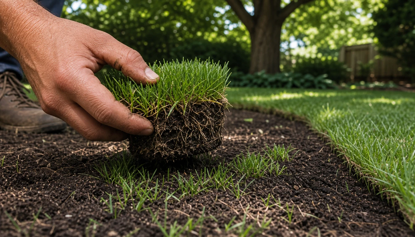 hand lifting a rooted turfgrass plug from prepared shaded soil