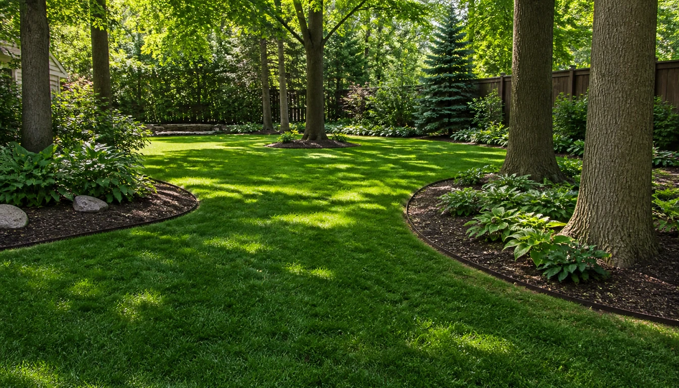 shaded backyard lawn with curved mulch beds around trees and turfgrass in walking areas