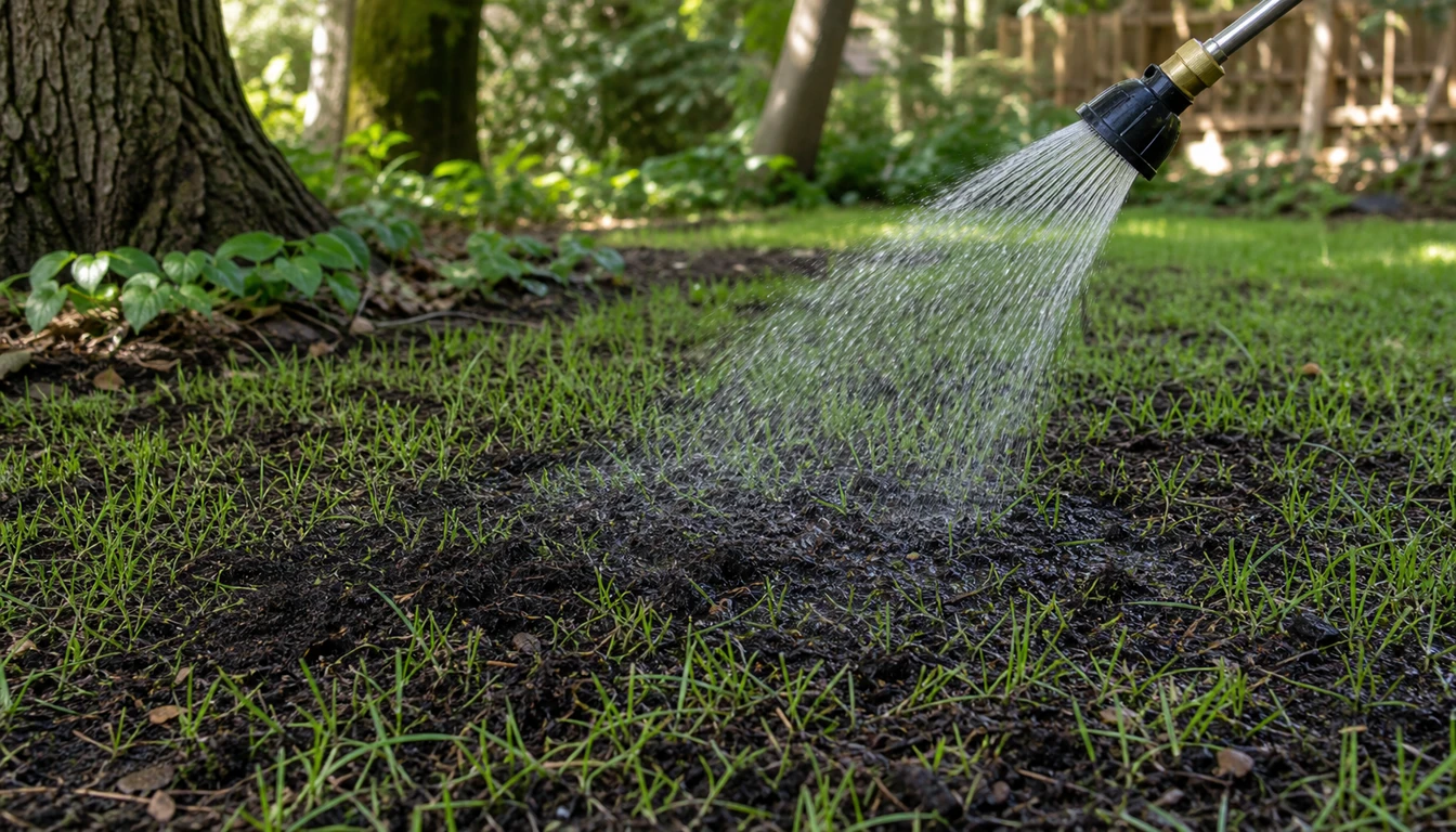 gentle watering over compost topdressing on young shade tolerant turfgrass