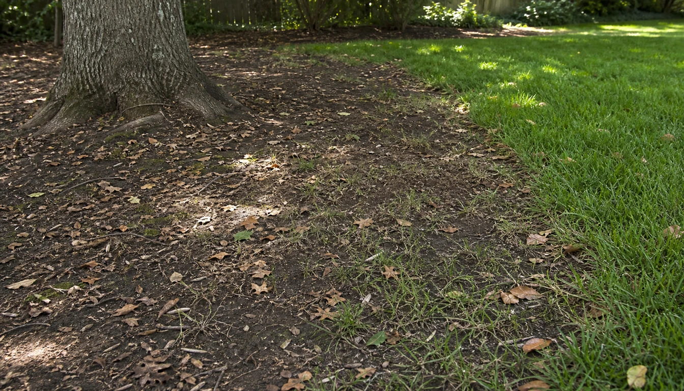 thin shaded lawn patch with compacted soil and leaf litter under a tree