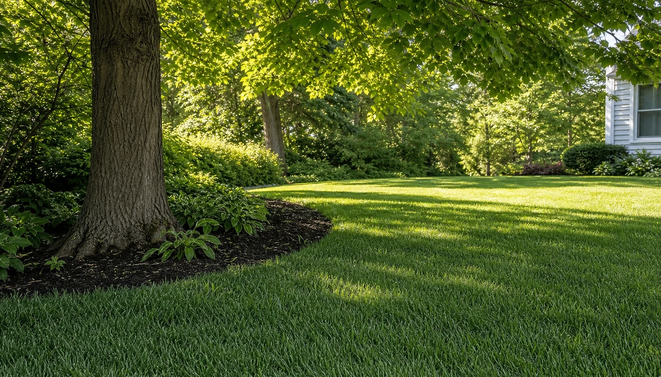 Shade tolerant lawn grass growing under trees in dappled light