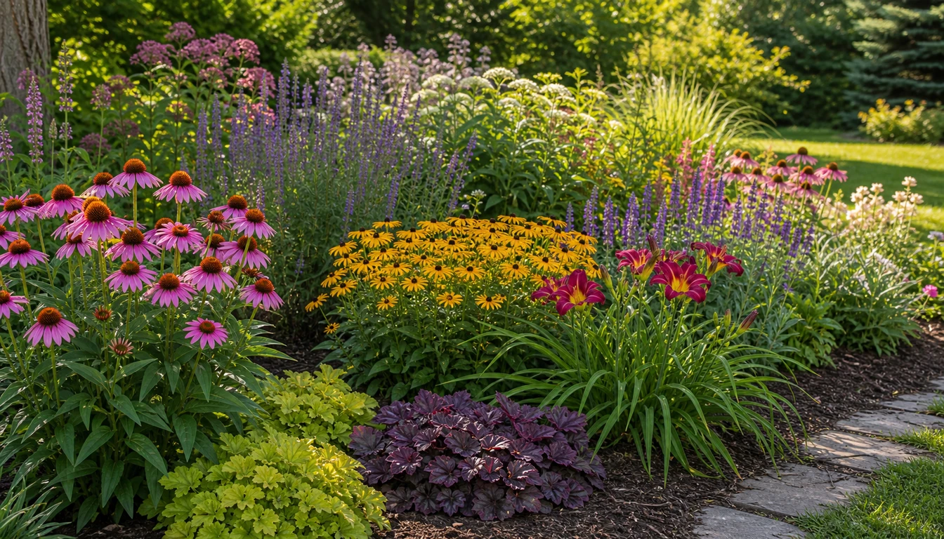 sunny perennial border with coneflowers, black eyed Susans, salvia, and daylilies viewed from a path