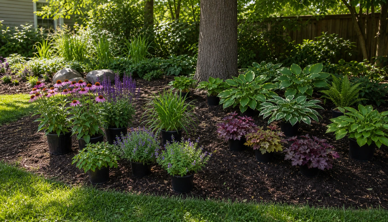 perennial pots arranged by leaf size, color, and shade tolerance before planting