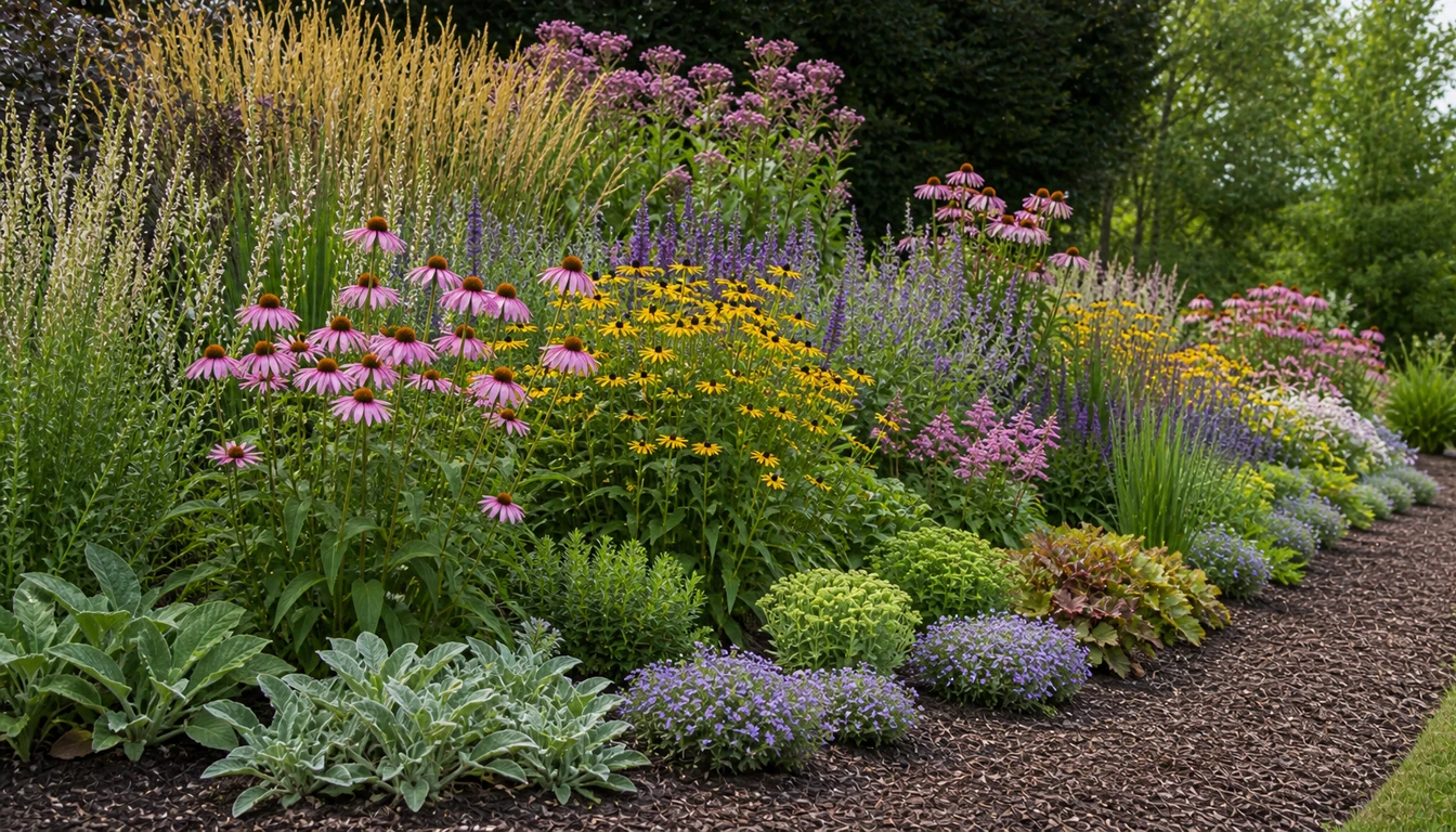 layered ornamental perennial border with low edging plants and taller blooms behind