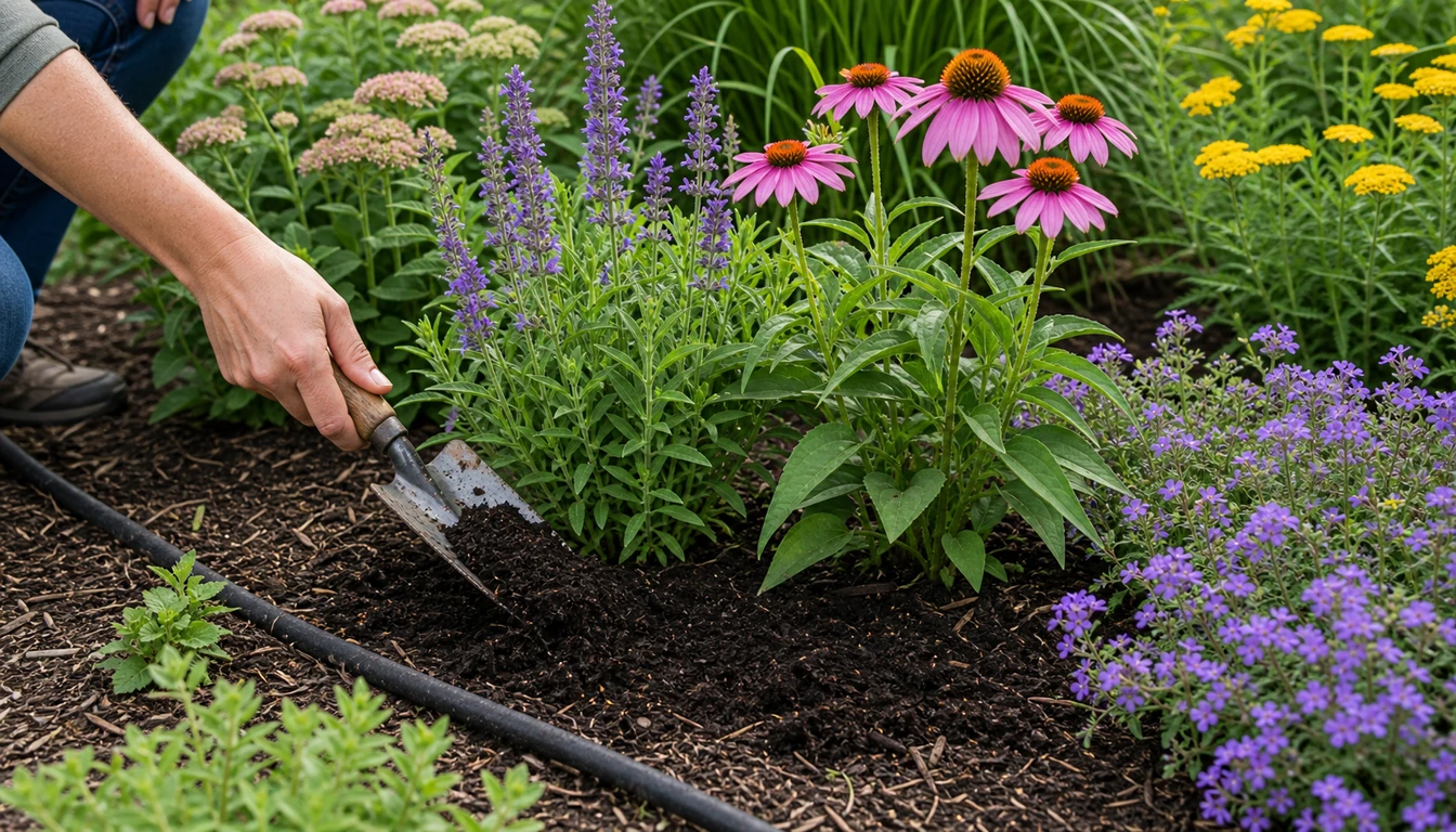 compost being added around flowering perennials with a soaker hose on mulch