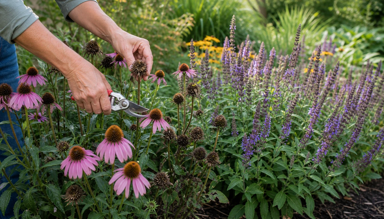 gardener deadheading spent blooms in a late summer perennial border