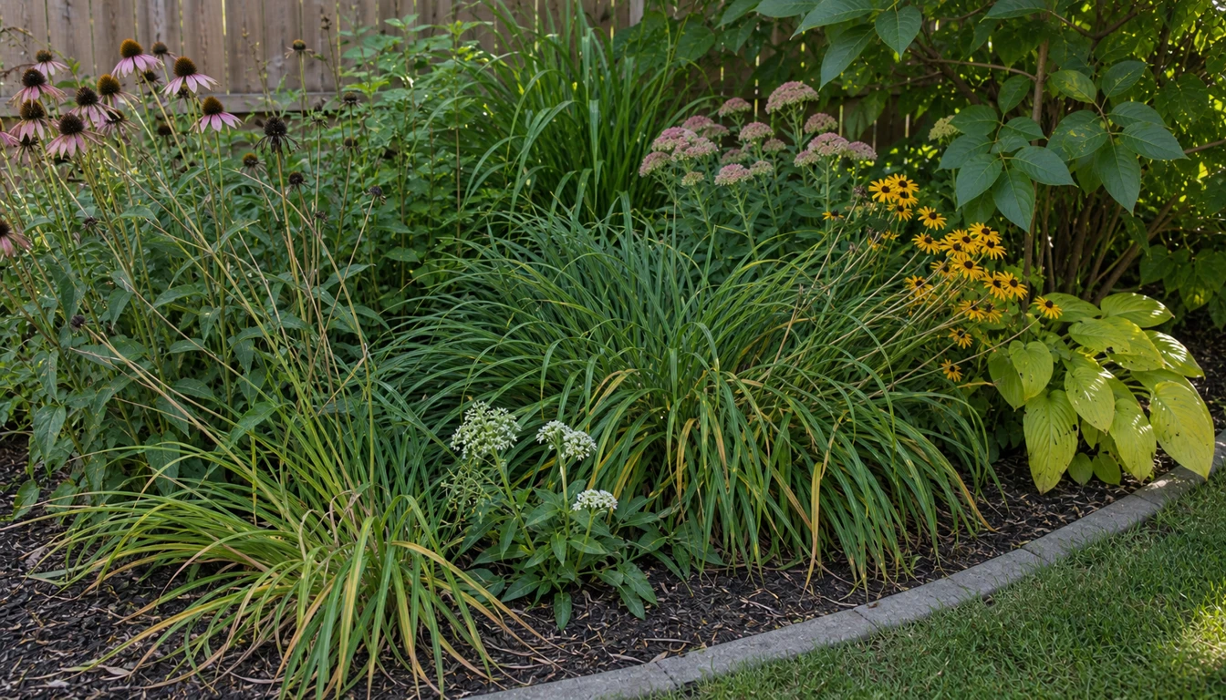 overcrowded perennial clumps with leaning stems after rain in a garden bed