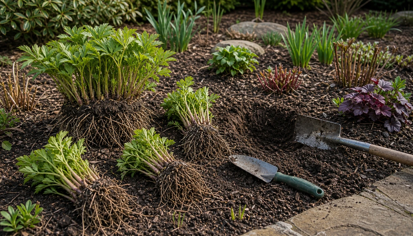 divided perennial clumps set beside an open planting gap in a garden bed