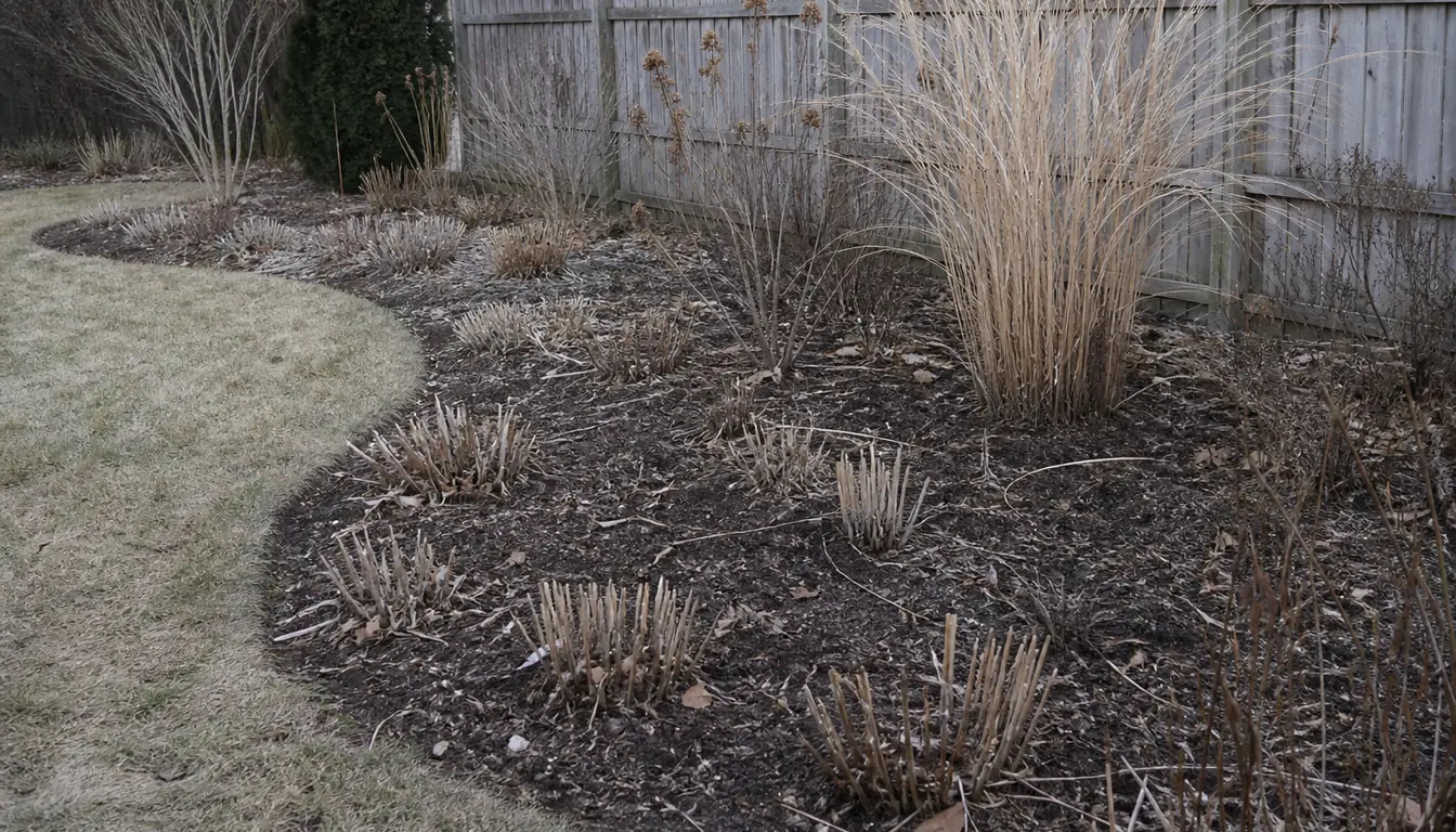 A perennial border in late winter with most plants cut back to short stubs and large areas of bare soil showing, while dried grasses and seedheads stand upright against a fence