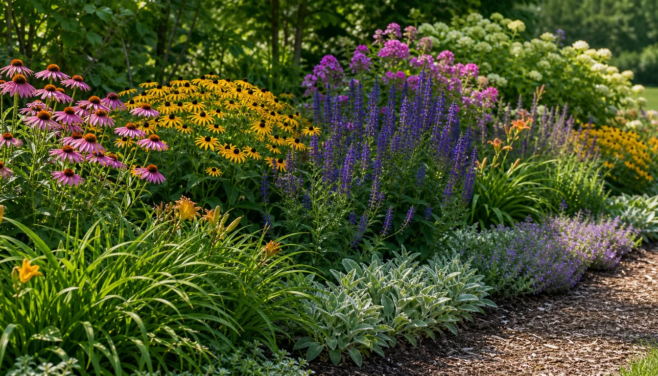 Ornamental perennial border with coneflowers, black eyed Susans, salvia, and daylilies