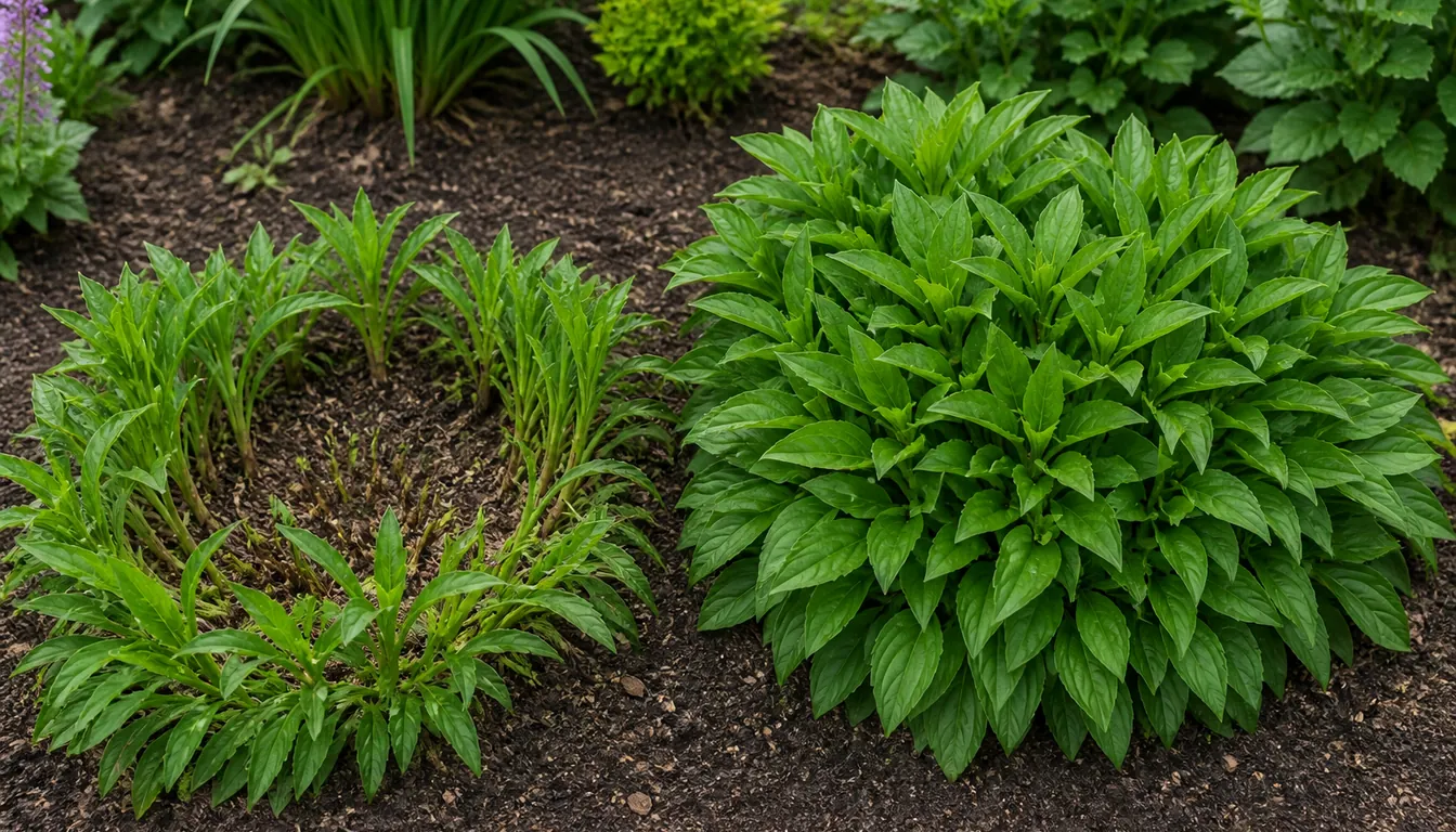 Two perennial clumps side by side in one bed, the left one thinned to a ring of growth around a bare center and the right one dense and evenly furnished, both with healthy undamaged leaves