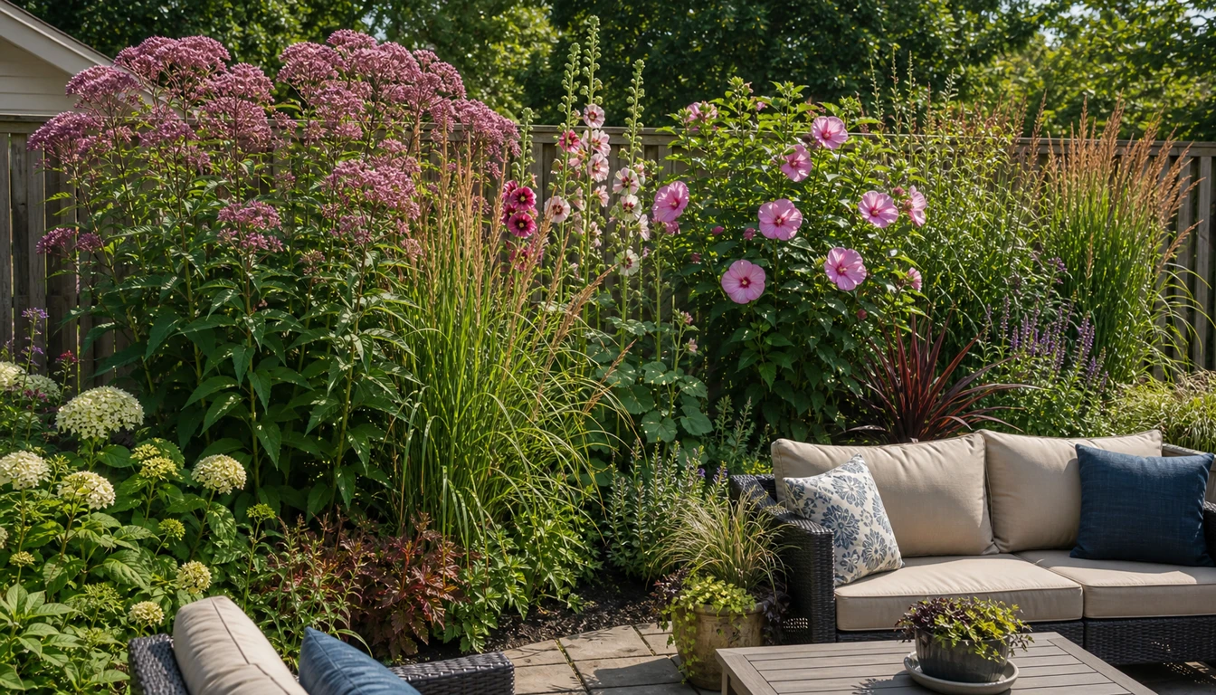 tall flowering perennials forming a seasonal privacy screen beside a patio