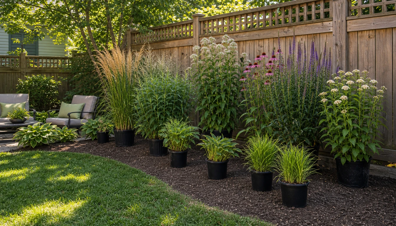 tall perennial pots arranged along a fence before planting a privacy screen