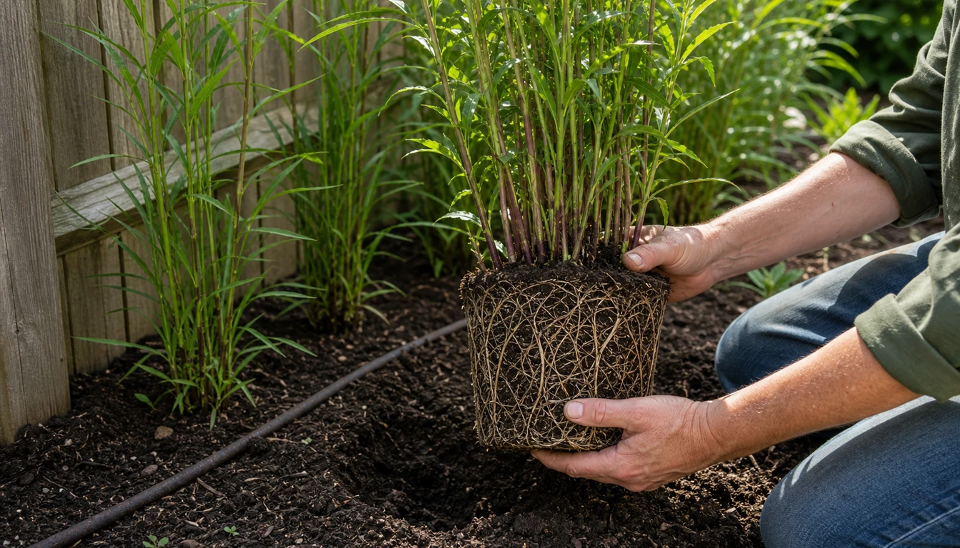 healthy root ball and upright stems of a tall perennial before planting