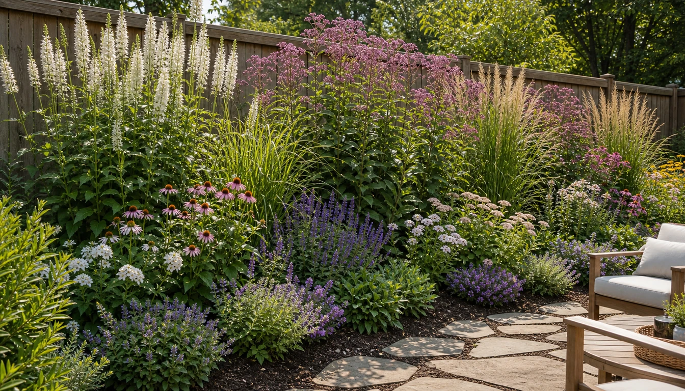staggered tall perennials layered along a fence for seasonal privacy