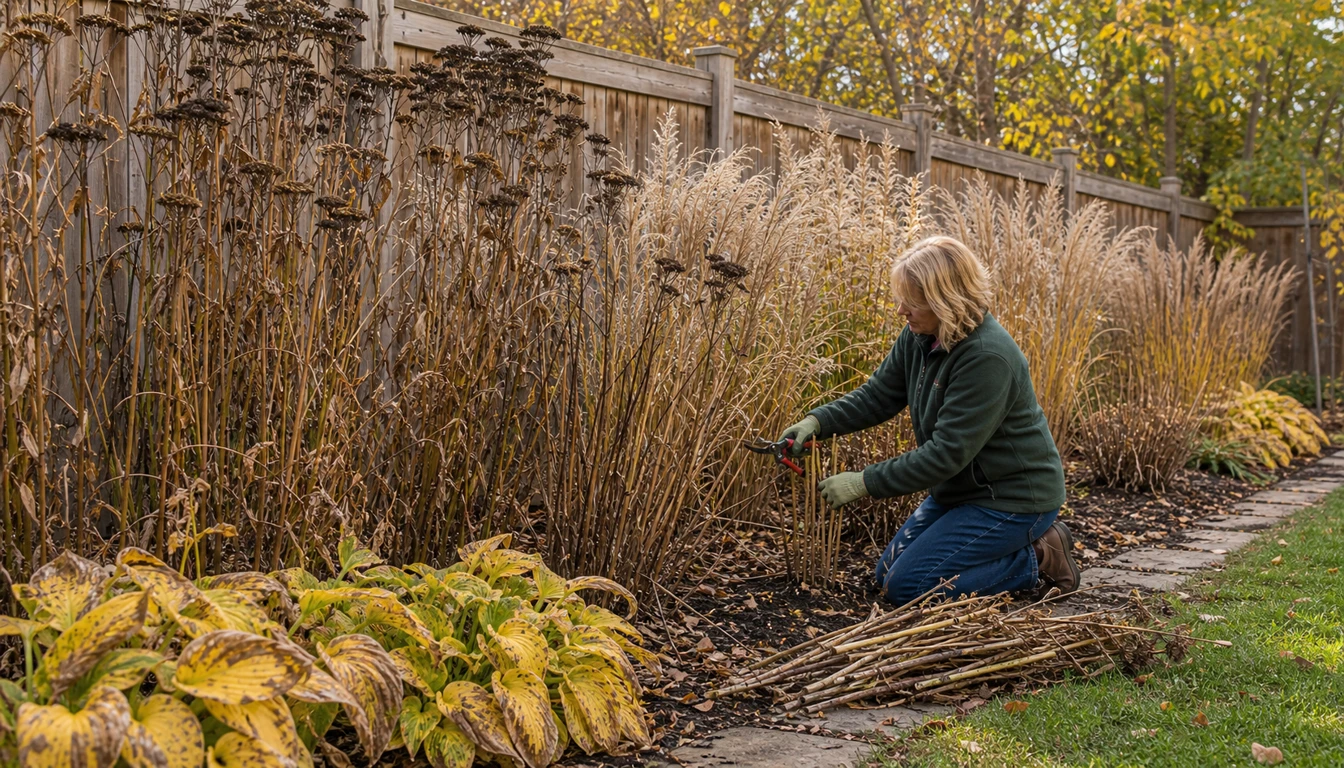 autumn perennial privacy screen with spent stems being selectively cut back