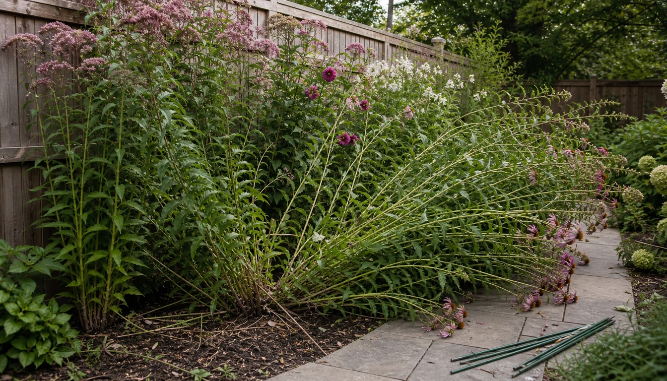 tall perennial privacy screen flopping over a path from crowding and lack of support