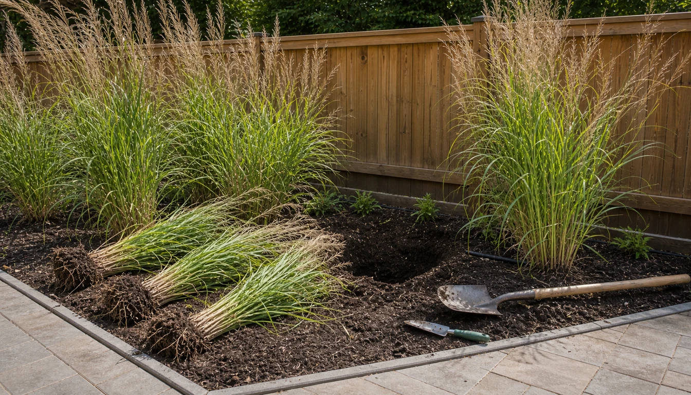 divided tall perennial clump beside an open gap in a fence-line privacy screen