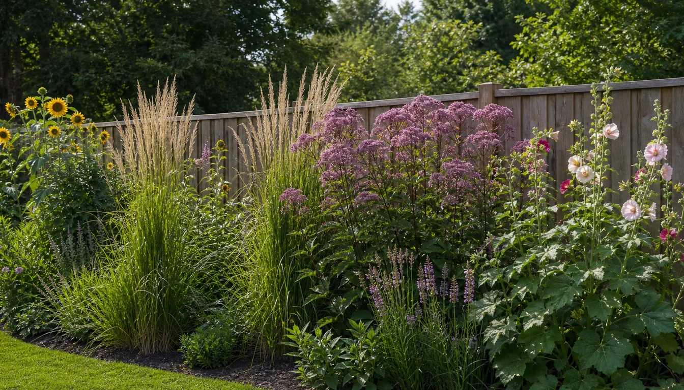 Tall perennials and ornamental grasses screening a backyard fence