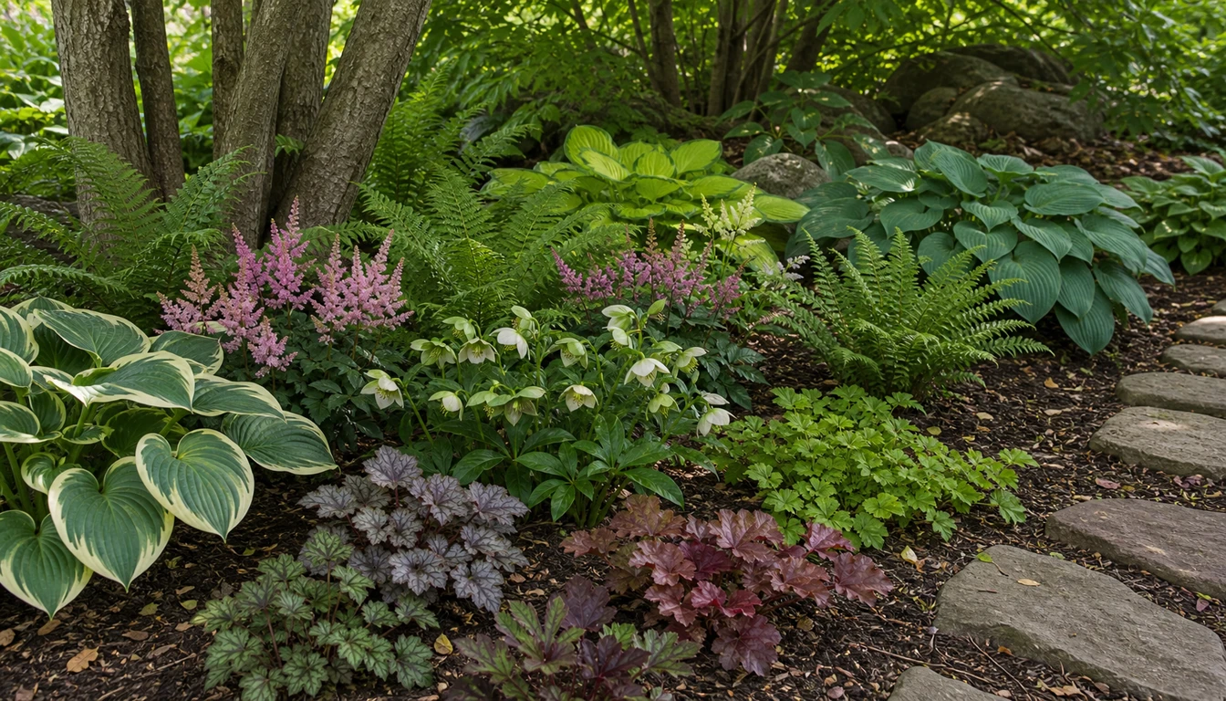 shaded perennial bed with hostas, astilbe, ferns, hellebores, and coral bells
