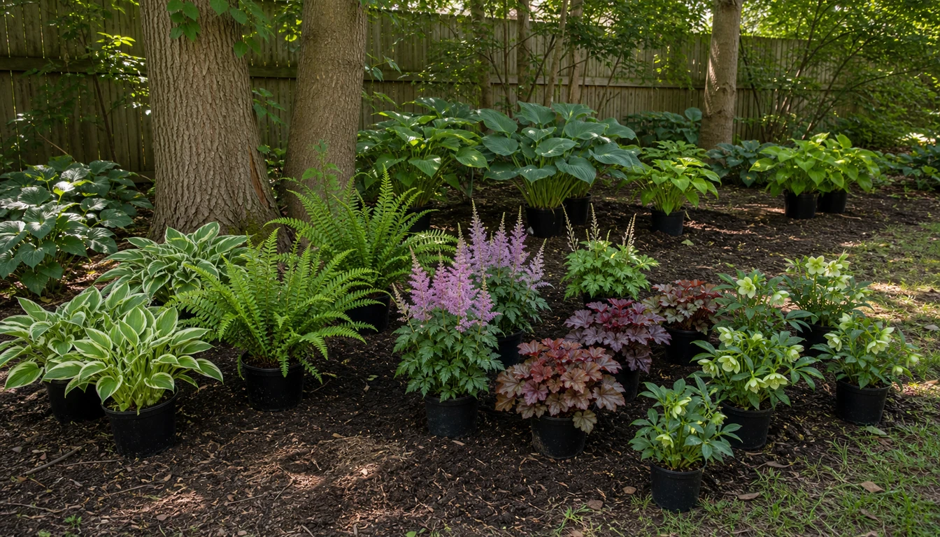 pots of hosta, fern, astilbe, heuchera, and hellebore arranged by shade level
