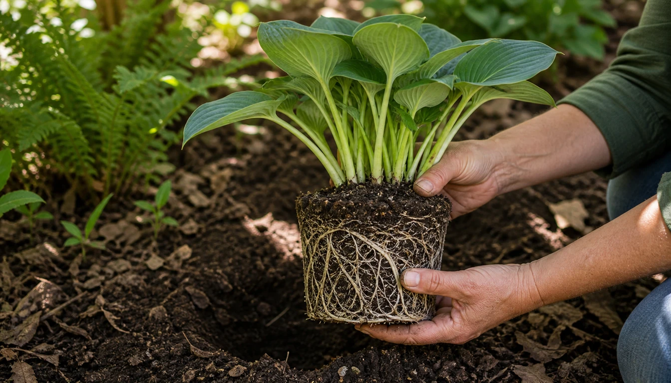 healthy shade perennial root ball held above leaf-rich soil before planting