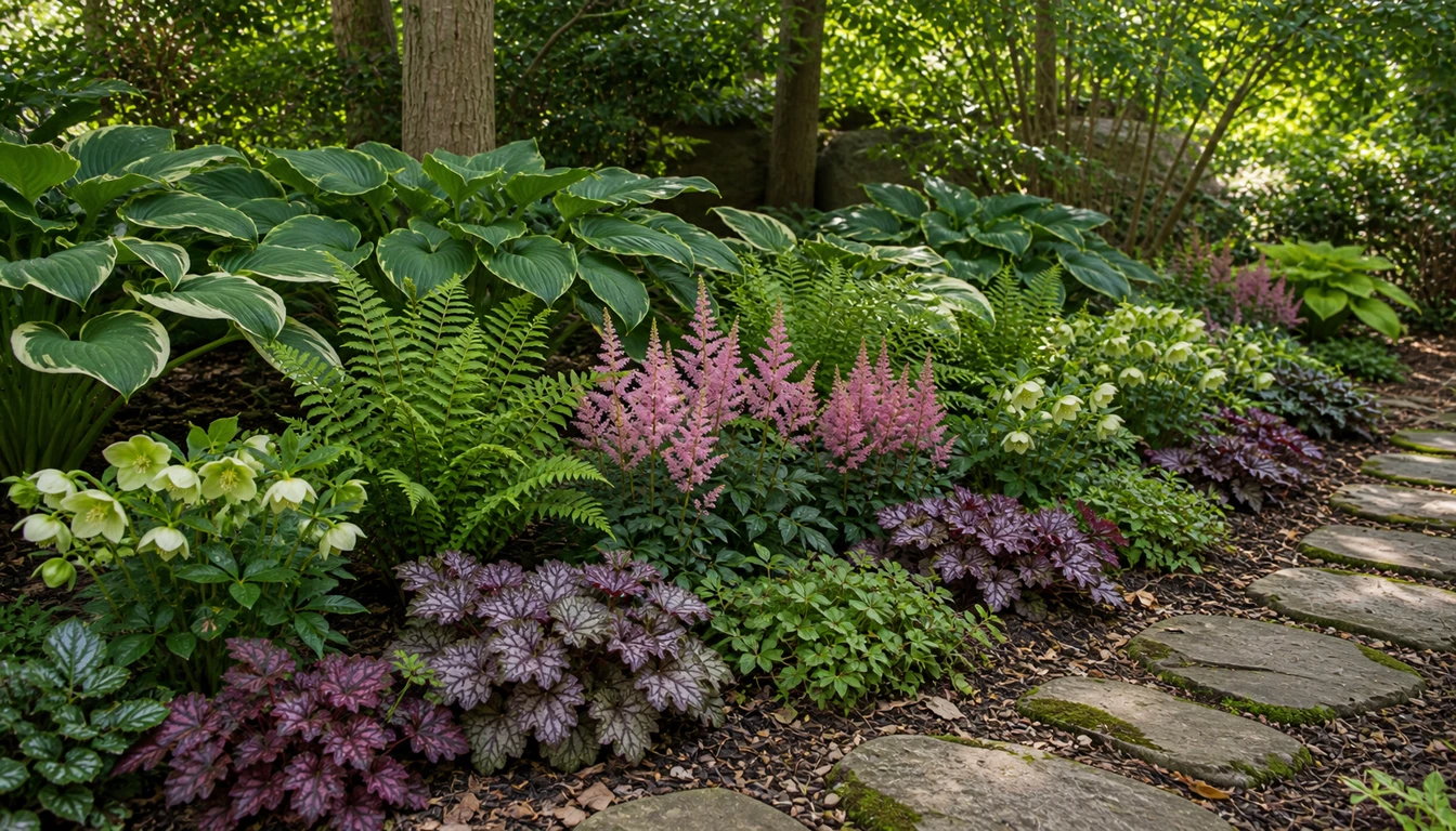 layered shade perennial bed with hostas, ferns, astilbe, and coral bells