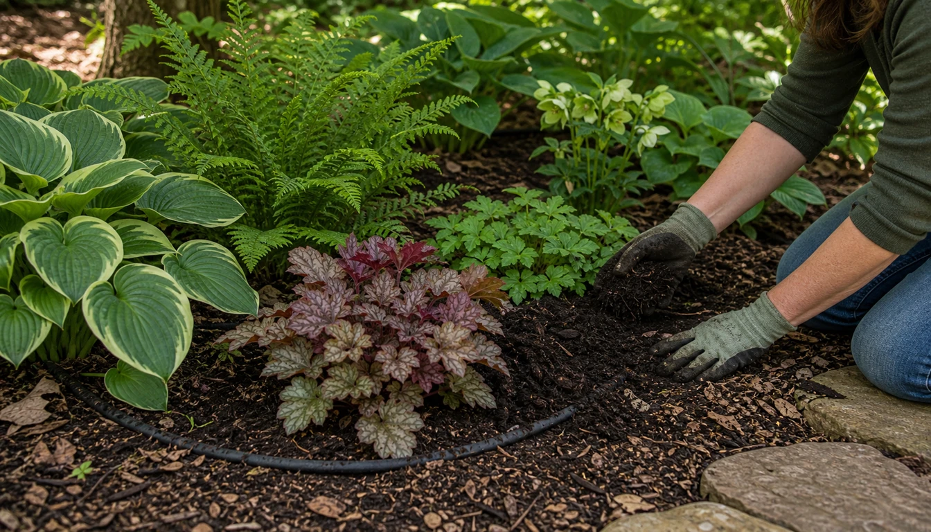 leaf mold compost and a soaker hose around hostas, ferns, and coral bells