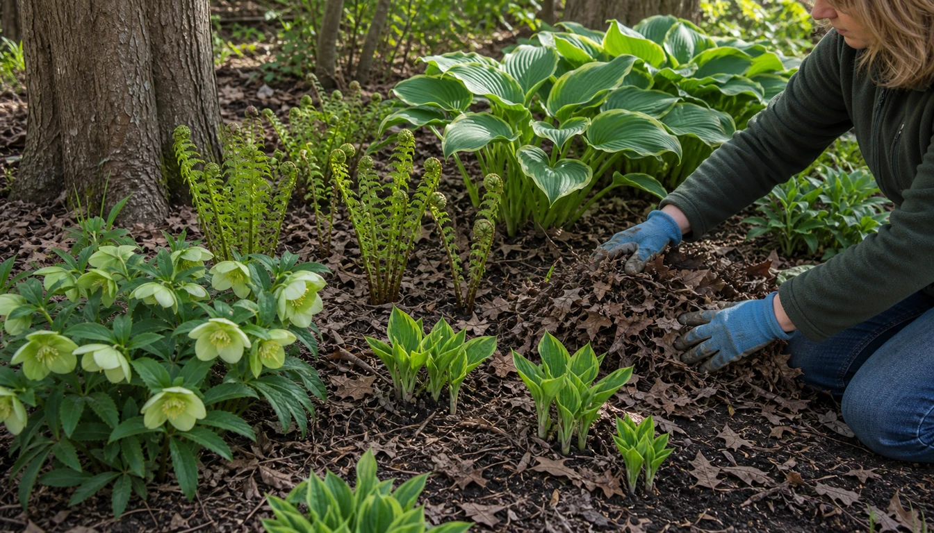 spring cleanup around emerging hostas, ferns, and hellebores in a shaded bed