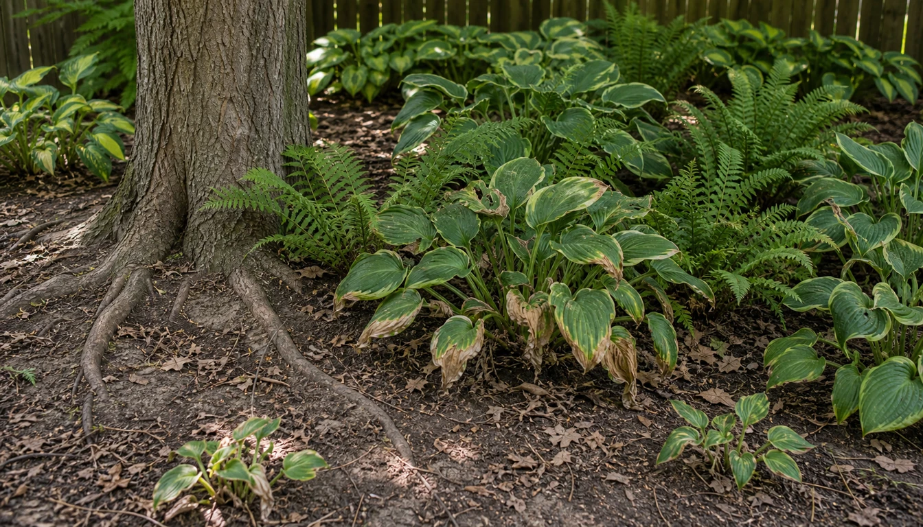 hostas and ferns crowded near tree roots in dry compacted shade soil