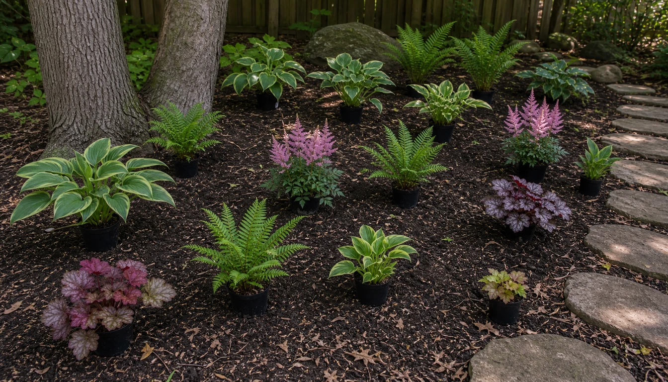 starter hostas, ferns, heuchera, and astilbe arranged in a new shaded bed