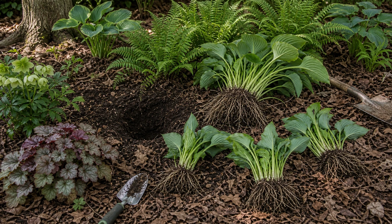 divided hosta clump beside an open planting gap in a shaded perennial bed