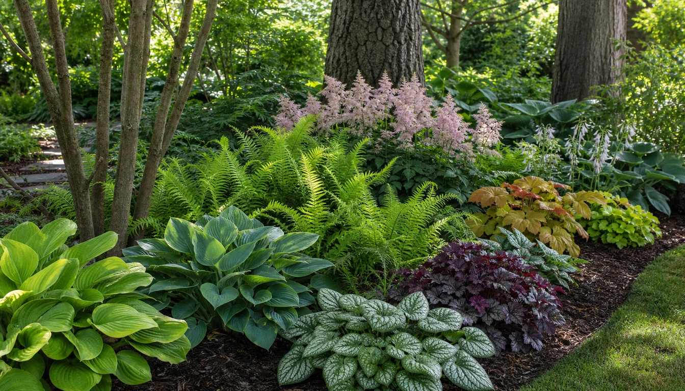 Shade perennials including hostas, ferns, coral bells, and astilbe under trees