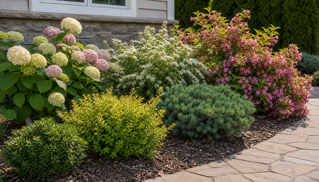 ornamental shrub border with hydrangea, spirea, weigela, and dwarf evergreens