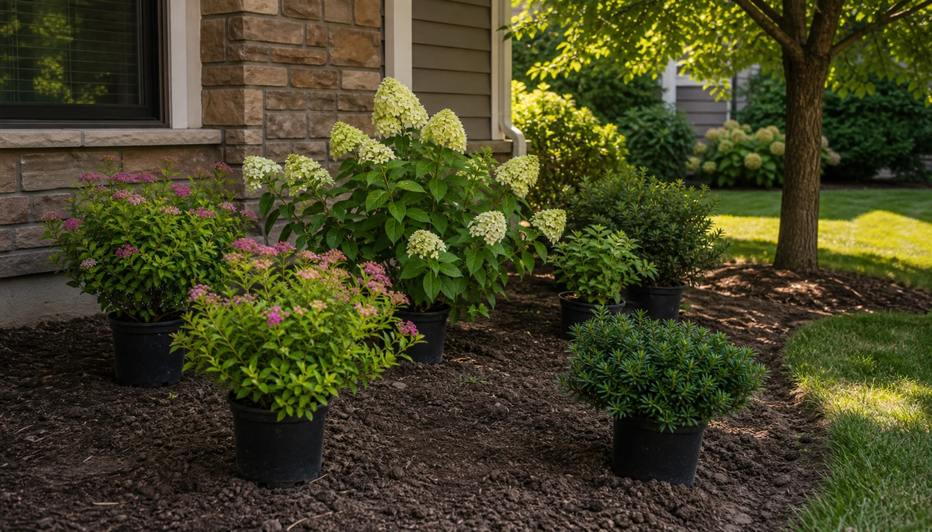potted ornamental shrubs arranged by sun and shade before planting