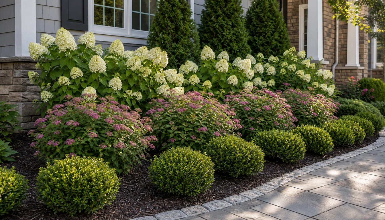 layered ornamental shrub layout with low front shrubs and taller evergreens behind