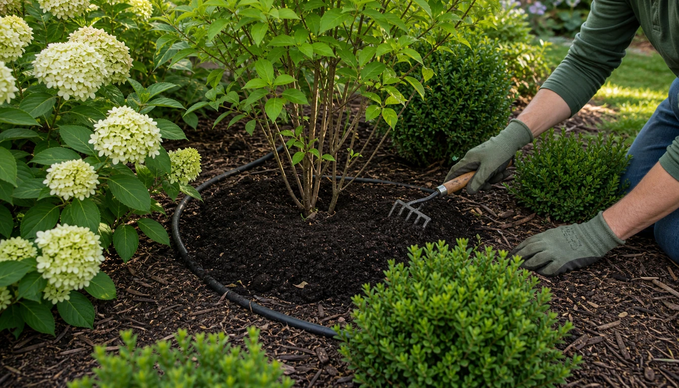 compost and soaker hose around ornamental shrubs in a mulched bed