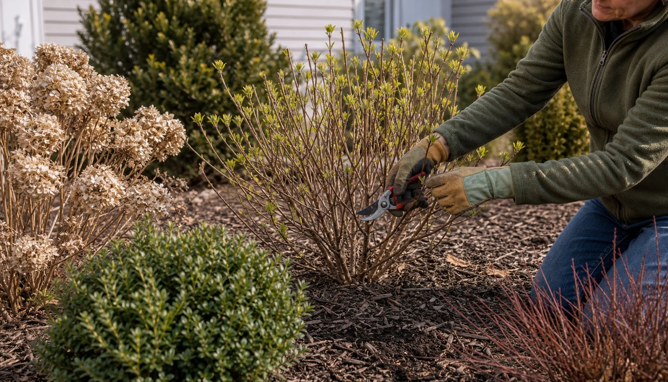 gardener pruning an ornamental shrub in a late winter garden bed