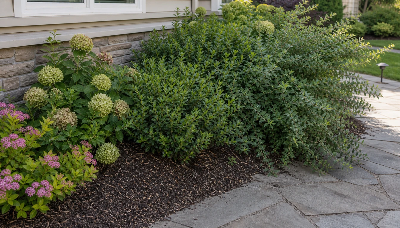 crowded ornamental shrubs planted too close to a walkway and house wall